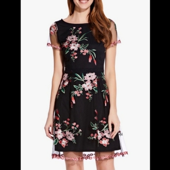 Adrianna Papell Floral Embroidered Tulle Overlay Dress Size 8 Black Lace A-Line - Picture 1 of 13